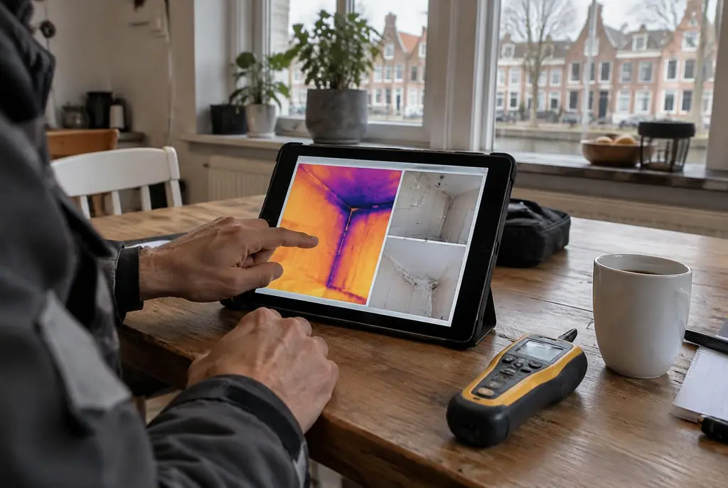Lekdetectie Olst – lekdetectierapport met warmtebeelden en foto's op een tablet
