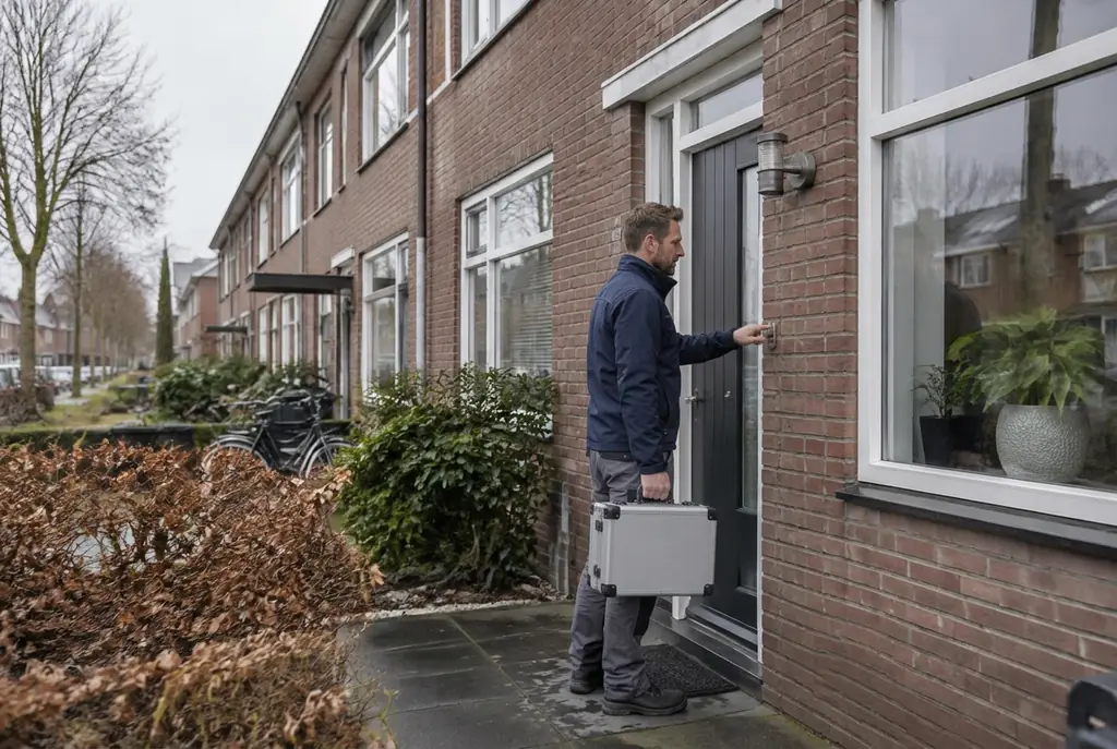 Lekdetectiespecialist met meetkoffer bij de voordeur van een woning in Olst